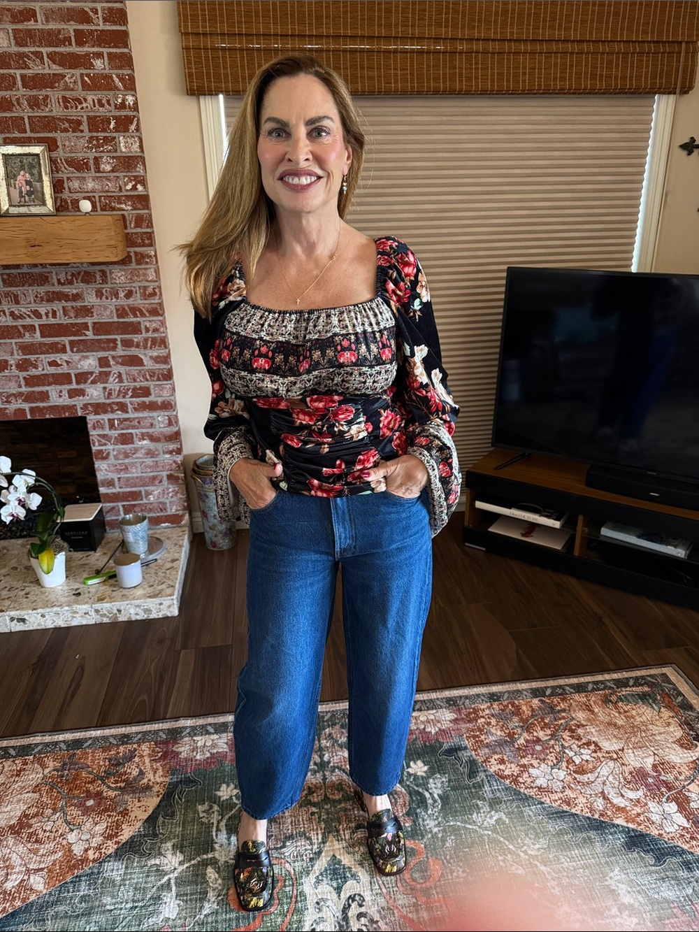 VENUS Black Floral Smocked Neck Long Sleeve Blouse